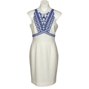 Cremieux NWT Sleeveless Sheath Dress, White Blue Embroidered Women's Size 6